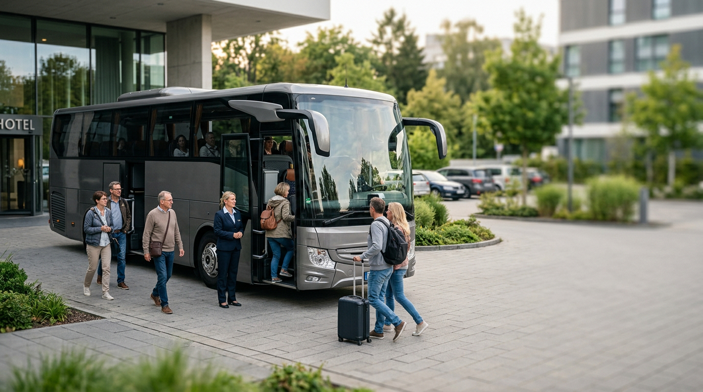 Kunden steigen in den Bus ein