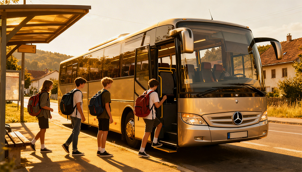 Klassenfahrt Bus und Schüler