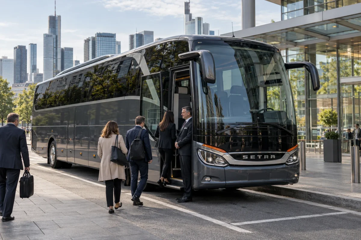 Symbolbild: Geschäftsreisende bei einem Setra-Reisebus in Frankfurt
