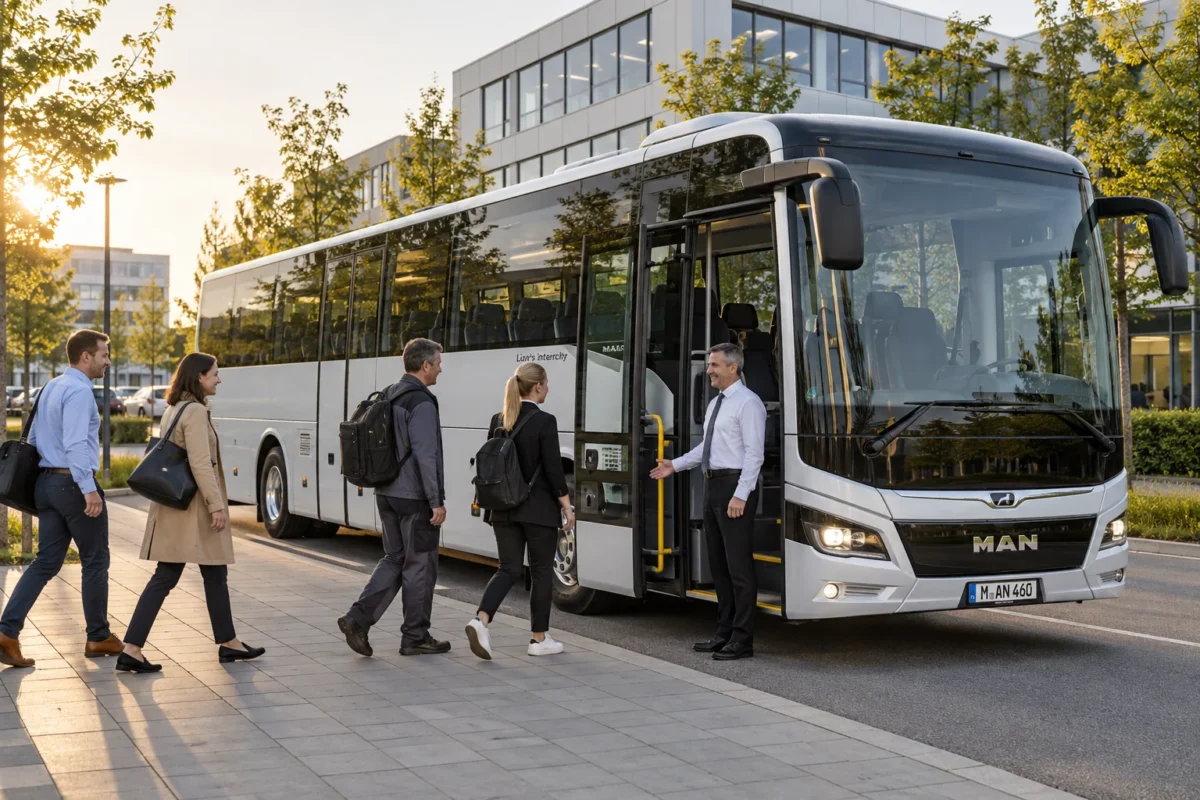 Symbolbild: Mitarbeiter-Shuttle mit MAN-Bus an einem Gewerbestandort