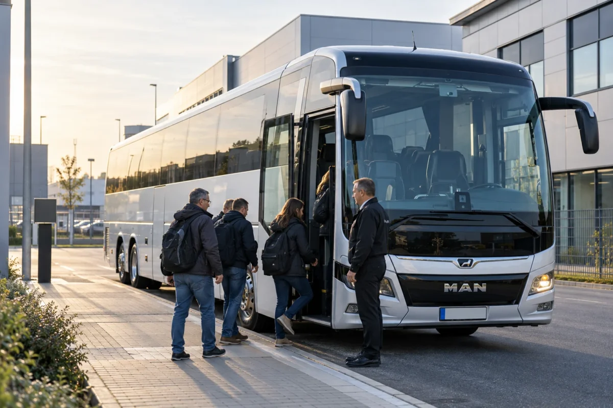 Symbolbild: Mitarbeiter steigen an einem Logistikstandort in einen MAN-Reisebus